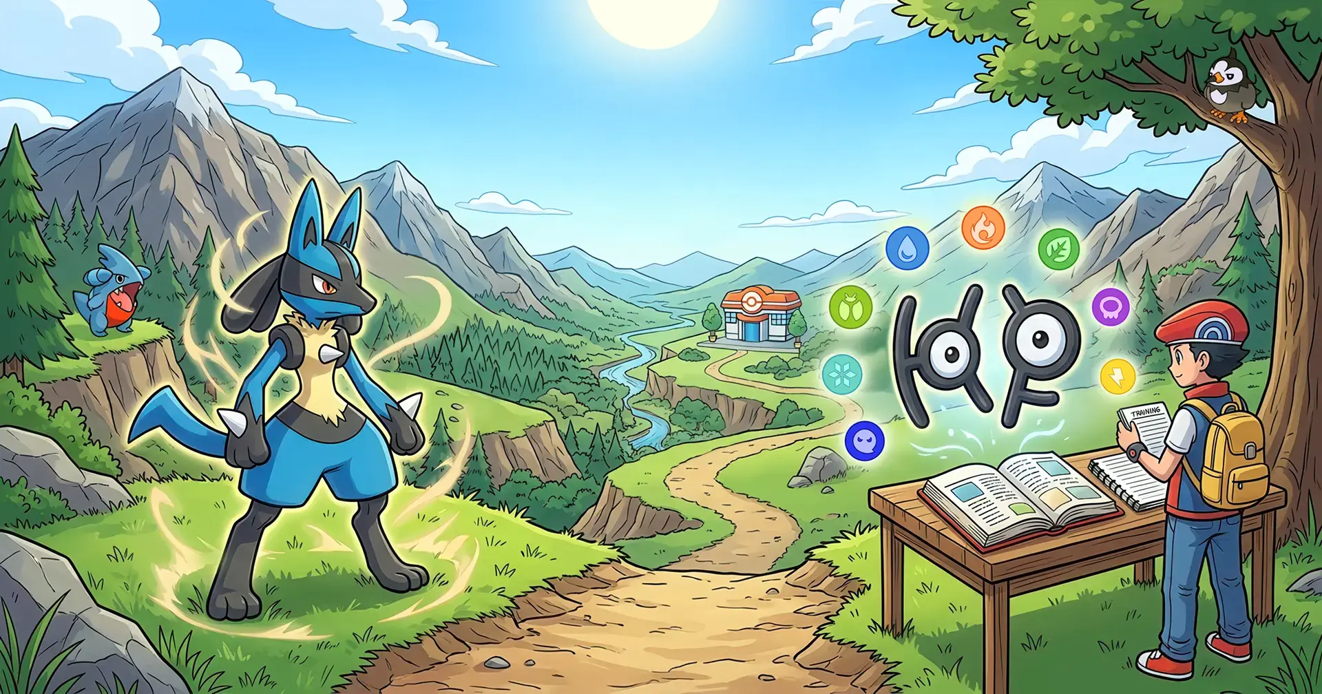 An illustration of a Pokémon trainer calculating the Hidden Power type and damage of a Pokémon based on their IVs.